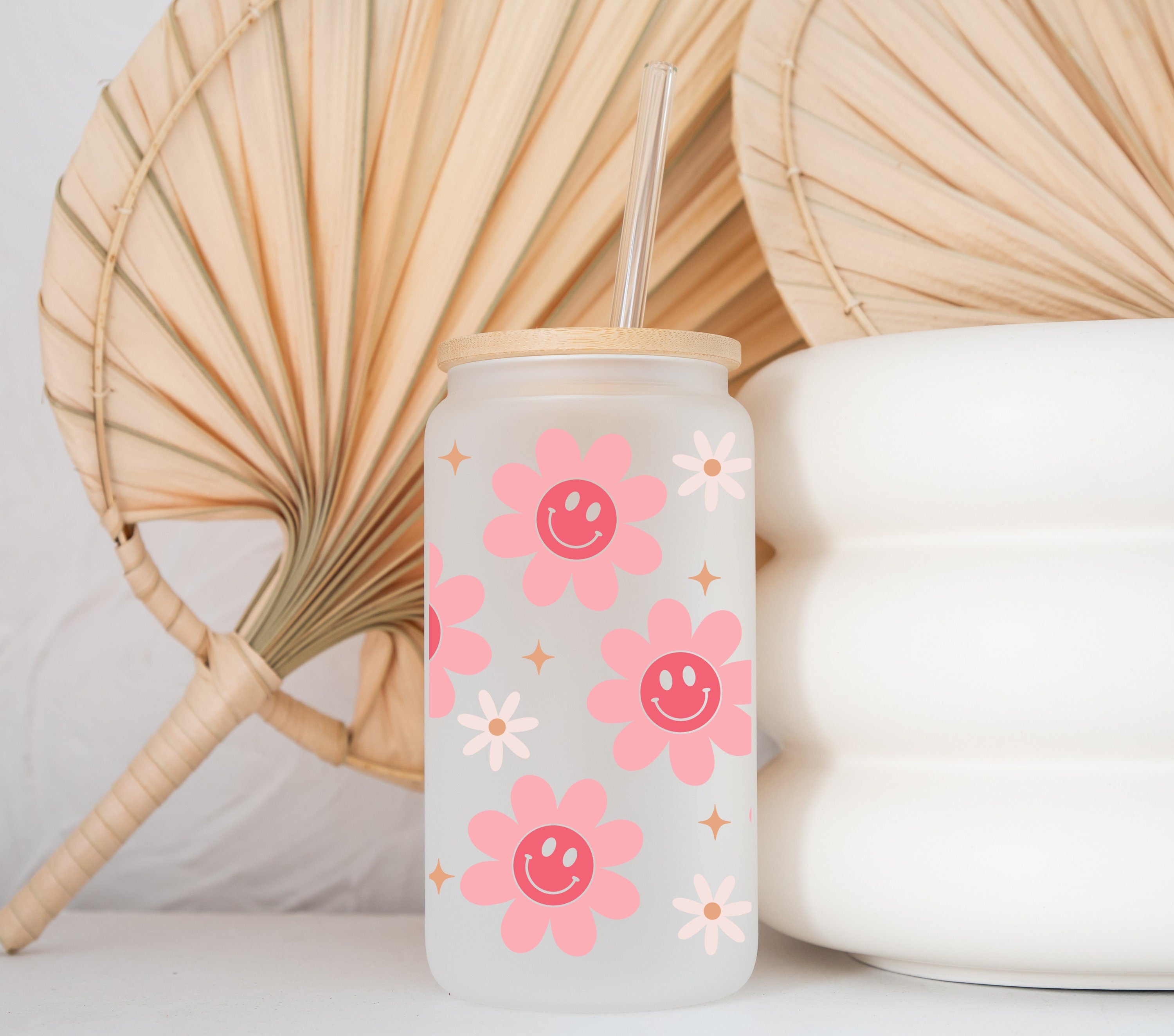 Boho Daisy Print Beer Can Glass 16oz Glass Cup With Lid Iced Coffee Glass  Cuplibbey Glass 