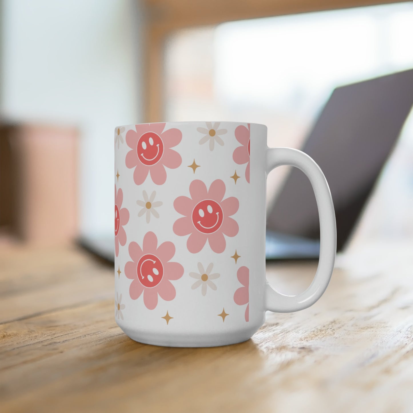 Taza de flores felices, Taza de café con sonrisas de flores, Taza con cara de sonrisa, Taza con cara sonriente de flores retro, Cara de sonrisas de flores rosas