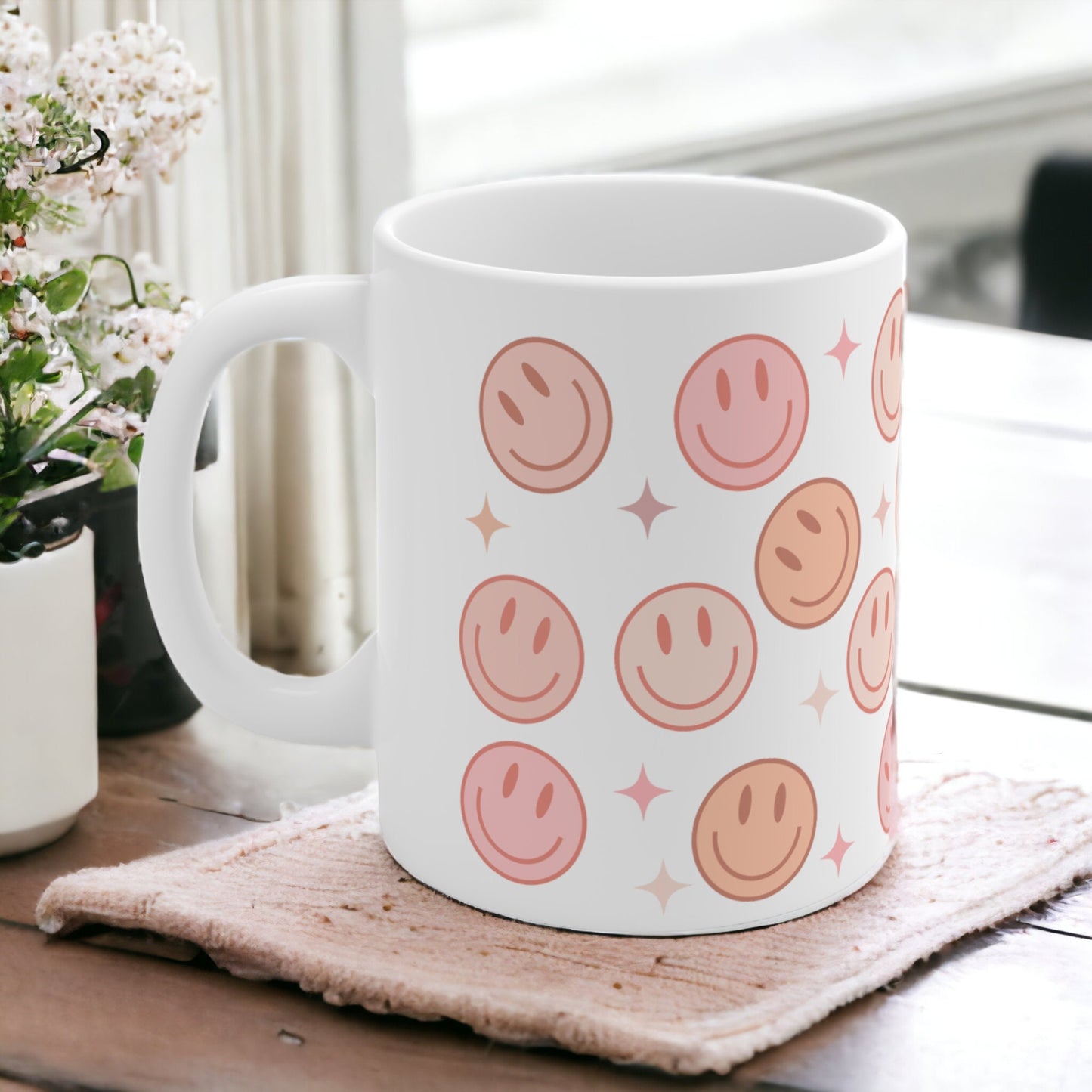 Taza de cara feliz, taza de café sonriente, taza de cara sonriente, taza de cara sonriente retro, cara sonriente rosa