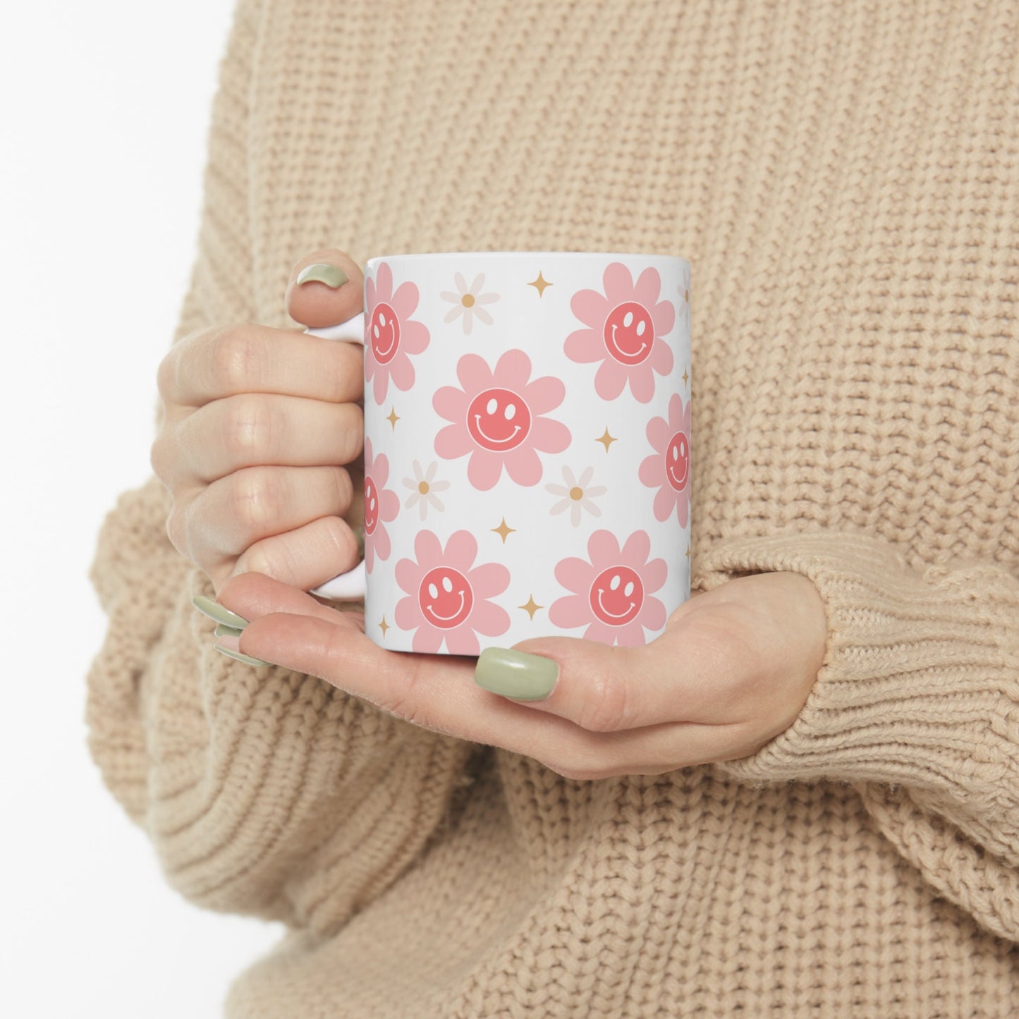 Taza de flores felices, Taza de café con sonrisas de flores, Taza con cara de sonrisa, Taza con cara sonriente de flores retro, Cara de sonrisas de flores rosas
