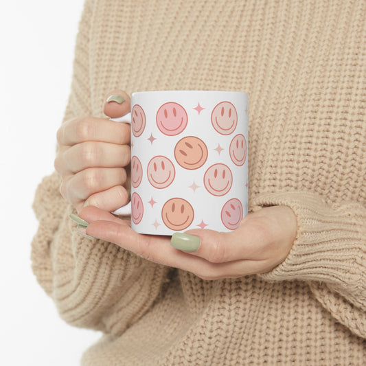 Taza de cara feliz, taza de café sonriente, taza de cara sonriente, taza de cara sonriente retro, cara sonriente rosa