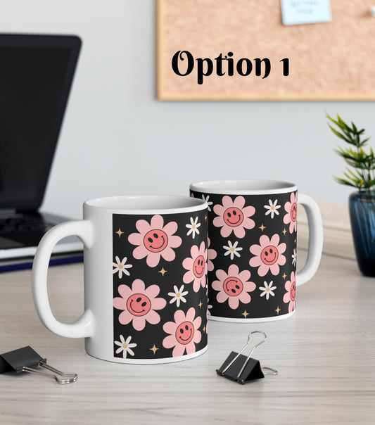 Taza de flores felices, Taza de café con sonrisas de flores, Taza con cara de sonrisa, Taza con cara sonriente de flores retro, Cara de sonrisas de flores rosas